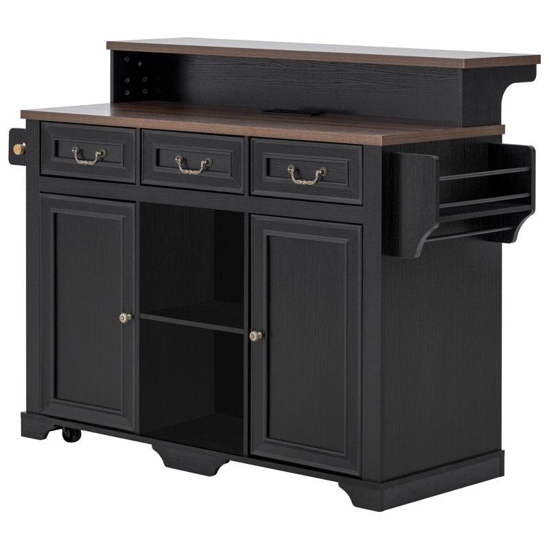 53.2" Two-Tier Farmhouse Kitchen Island with Power Outlet, 3 Drawers, Adjustable Shelves, 4 Door Racks & Rolling Base, Rustic Bar Cabinet Kitchen Storage Island