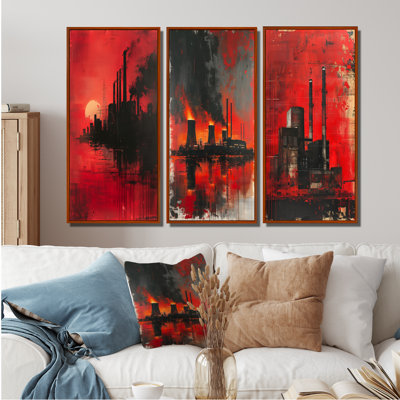 Rouge, noir, industriel, Polution Power Plant I - Collection de grandes impressions sur toile industrielles bleues