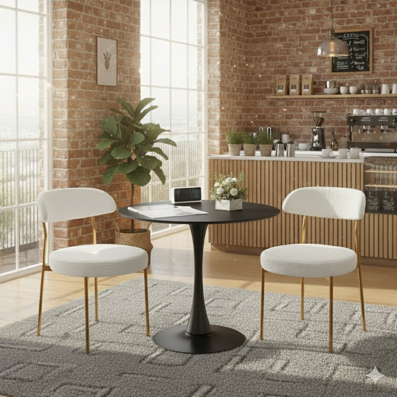 Ensemble de table de salle à manger rond avec 2 chaises, Noir, Blanc / Doré