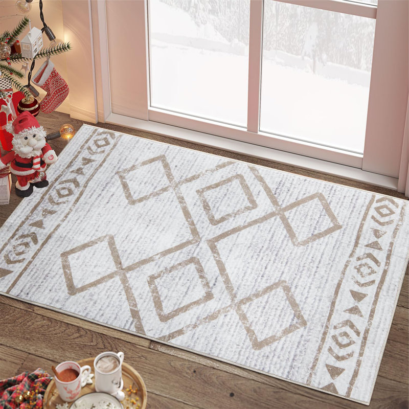 Tapis de couloir géométrique antidérapant taupe lavable à la machine, Rectangulaire 2 pi x 3 pi