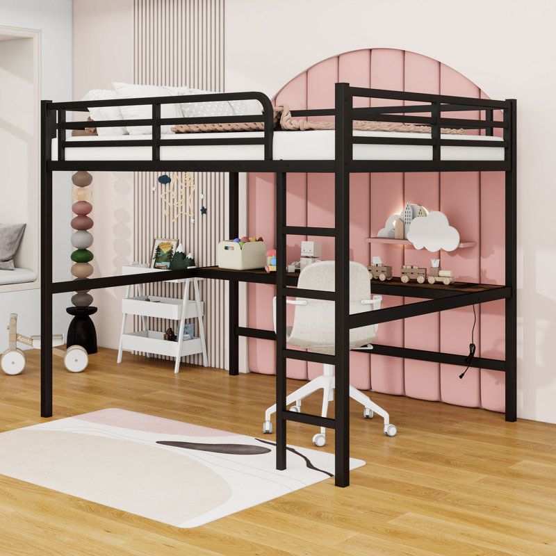 Queen Loft Bed With Power Outlet, LED Light, Desk And Ladder