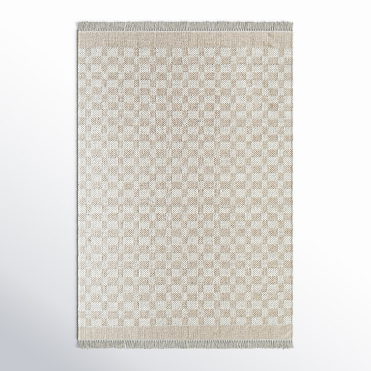 Lavande Checkered Wool Area Rug in Tan/Ivory