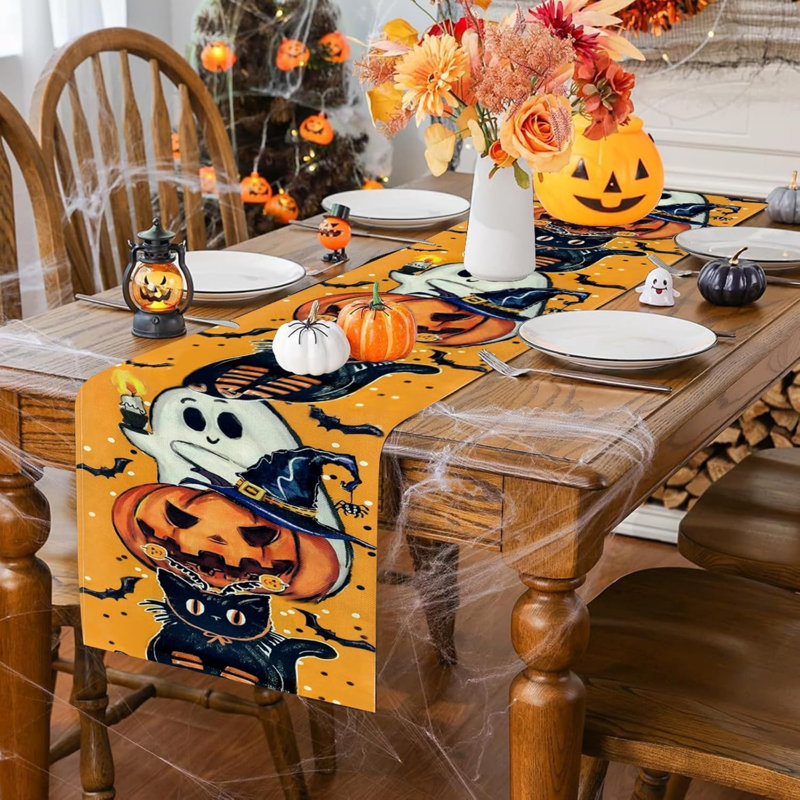 Halloween Table Runner 33 x 183cm, Painting Ghost Pumpkins Boo Table Runner, Halloween Table Decoration for Home Holiday Kitchen Dining Party Decor