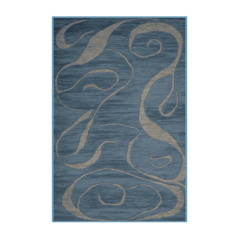 Tapis bleu abstrait lavable à la machine, Rectangulaire 7 pi x 10 pi