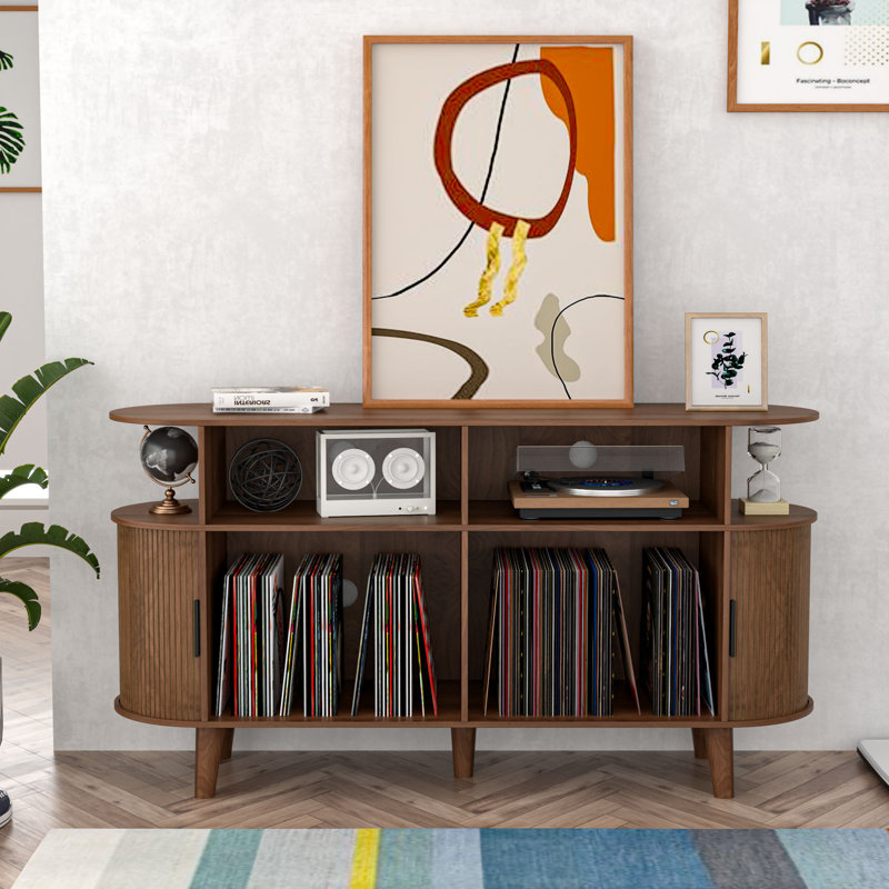 Large Record Player Stand, Mid-century Turntable Stand With Sliding Doors, Vinyl Display Stand For Bedroom Living Room