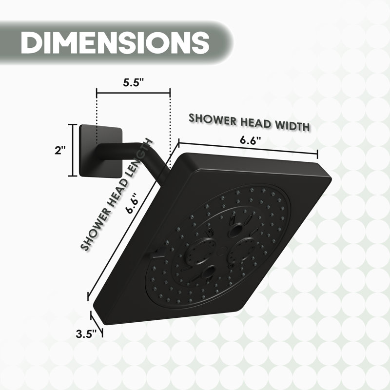 Pomme de douche carrée de remplacement 6 fonctions 6,5 pouces avec bras de douche et bride, Noir mat