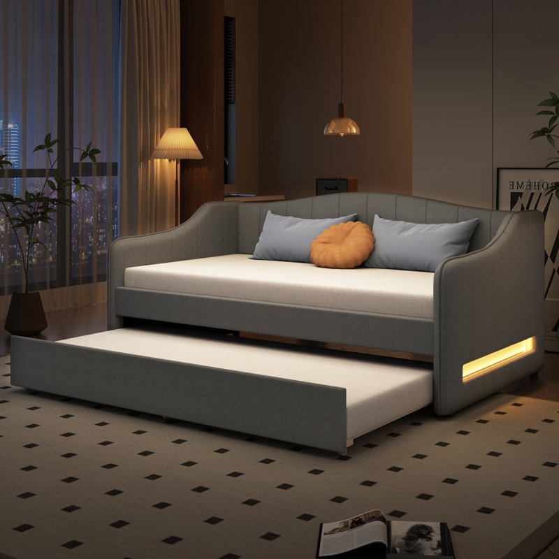 Upholstered Twin XL Size Daybed with LED Belt and Trundle, Gray