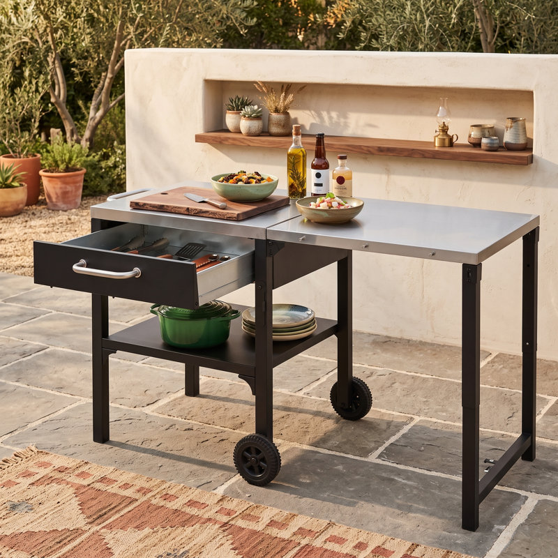 Chariot de cuisine d'extérieur avec roulettes, tiroir, tablette de rangement inférieure et surface de préparation extensible