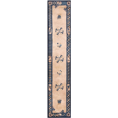 Hallway Runner Rectangle Wool Chinese - Peking Ivory Vintage Knotted 1960s Rug