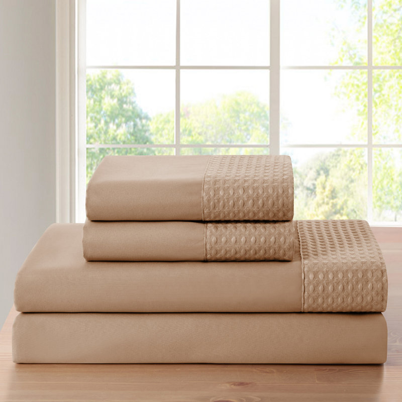 Bamboo 4 Piece 1800 Thread Count Waffle Hem Sheet Set, Rust, Queen