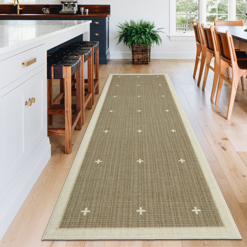 Modern Geometric Runner Rug – Bordered Jute Carpet for Hallway, Entryway, Kitchen, Bathroom, Office – Non-Slip, Low Pile, Machine Washable – Cross Dot Motifs, Tan, 2x6ft