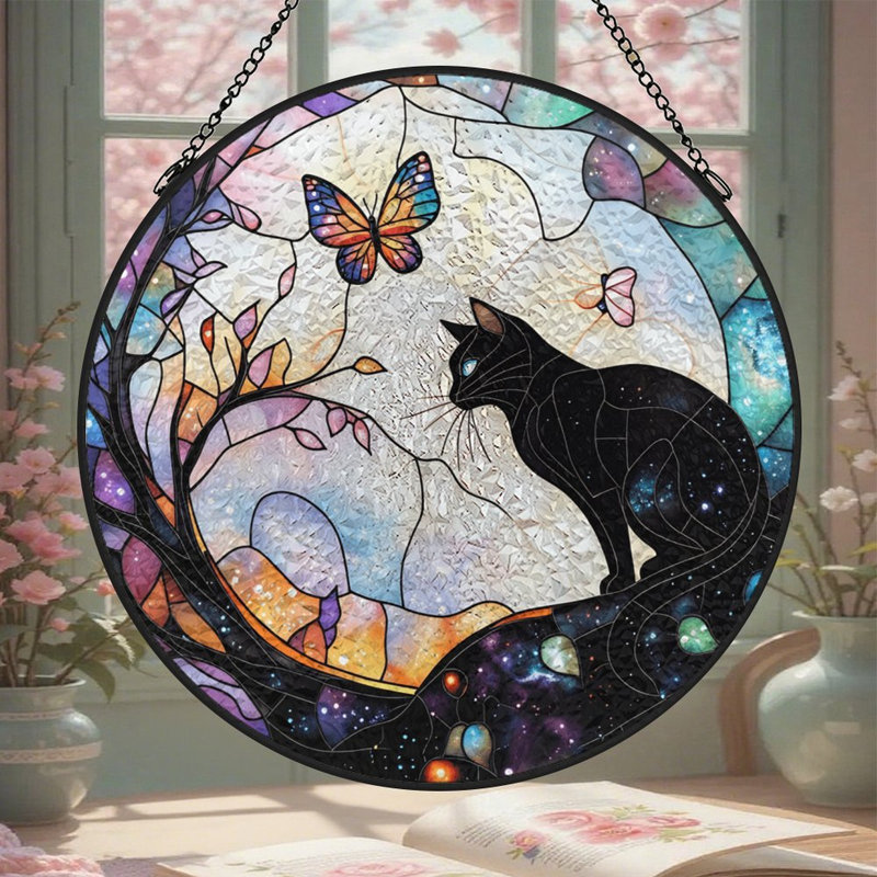 Vitrail papillon noir pour fenêtre, 7.8x7.8in(20x20cm)