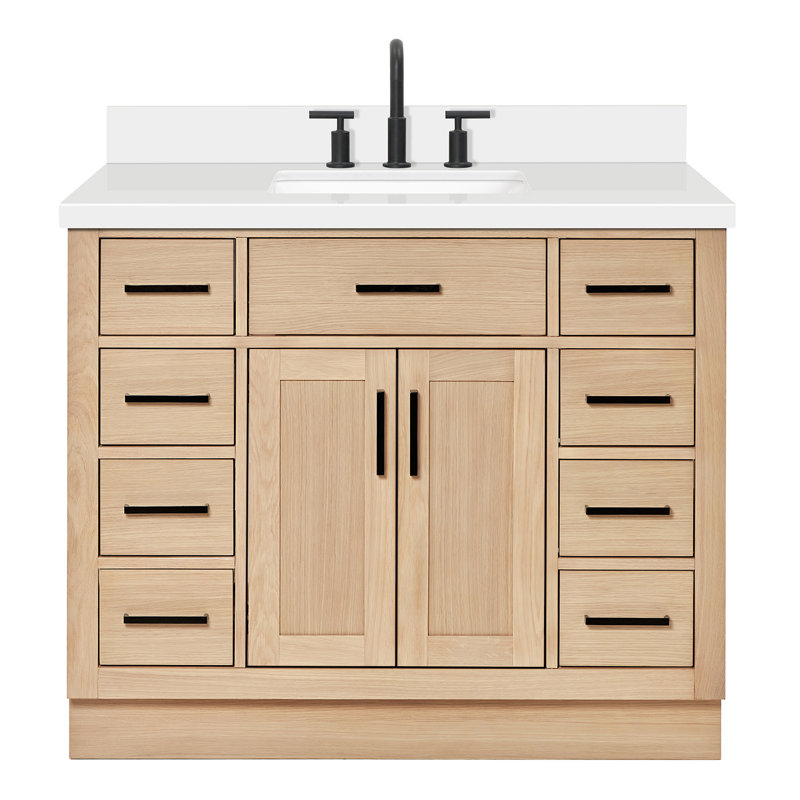 Tidworth 42' Solid Wood Single Bathroom Vanity with 1.5' White Quartz Top, Chêne naturel / noir mat, Forme rectangulaire