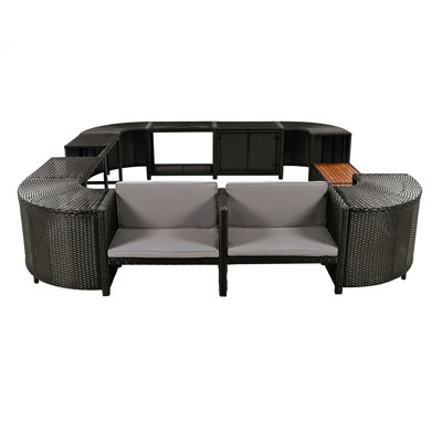 Spa Surround Spa Frame Quadrilateral Outdoor Rattan Sectional Sofa Set With Mini Sofa, Wooden Seats And Storage Spaces, Grey