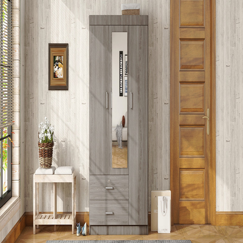 3-Door Mirror Wardrobe With Shelves, Gray