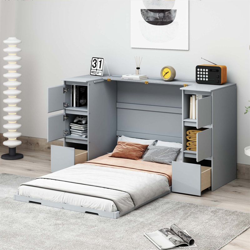 Lit escamotable avec tiroirs, armoires et ports USB Murphy, parfait pour économiser de l'espace et un confort, Gris, Simple