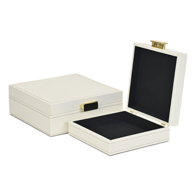 Ensemble de 2 boîtes avec accents cousus et poignées dorées Lithos, Blanc