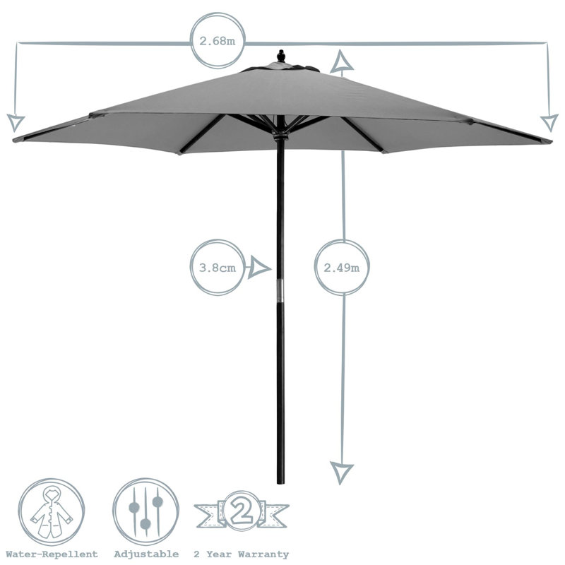 Wooden Garden Parasol & Base - 2.7m, Grey, Black