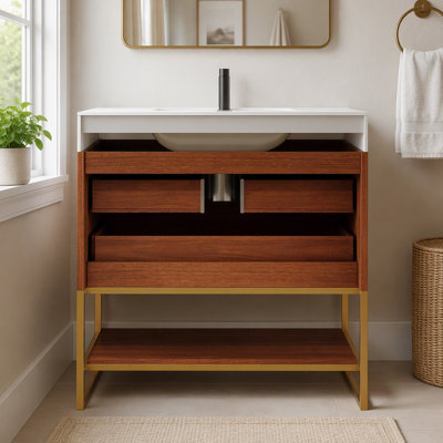 Meuble-lavabo autoportant moderne de 29,9 po avec lavabo sous comptoir en céramique frittée et tablette inférieure pour les petites salles de bain, appartement