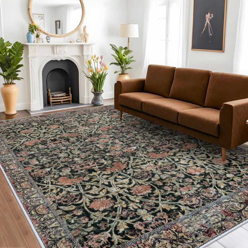 Area Rugs Floral - Washable Living Room Area Rug Non Slip Vintage Rugs Low Pile Carpets Stain Sesistant Soft Rug for Bedroom Dining Room Office Black