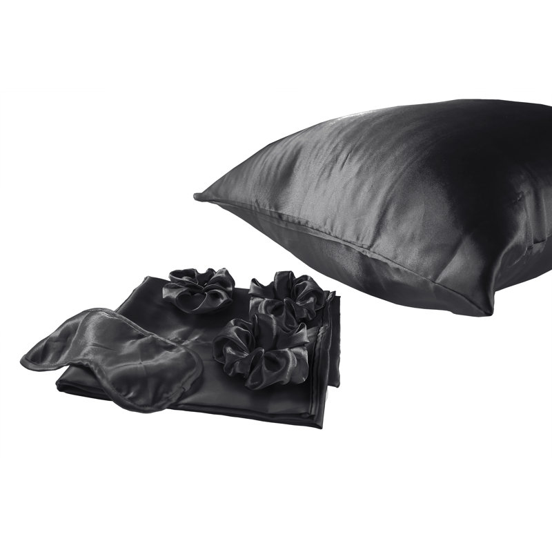 Ensemble 6 pièces de taies d'oreiller et accessoires de literie en satin de soie soyeux, Noir