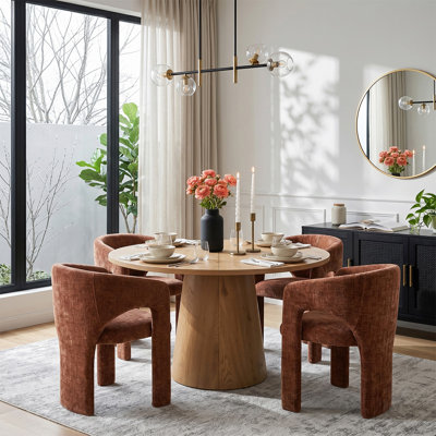 47"-83" Extendable Round To Oval Dining Table Set,Modern Pedestal Wood Dining Table With Upholstered Barrel Chairs