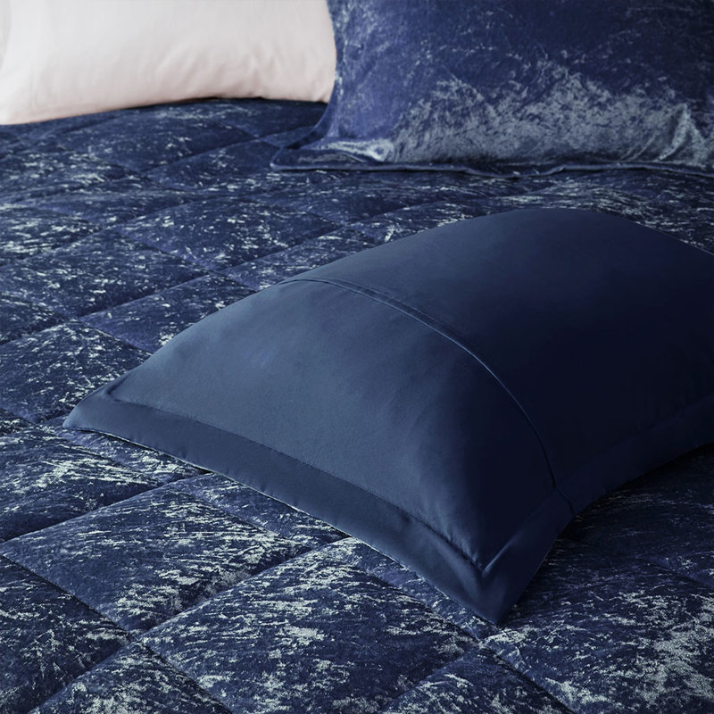 Édredon en velours bleu marine, Édredon double, 2 taies décoratives et 1 coussin, Marine