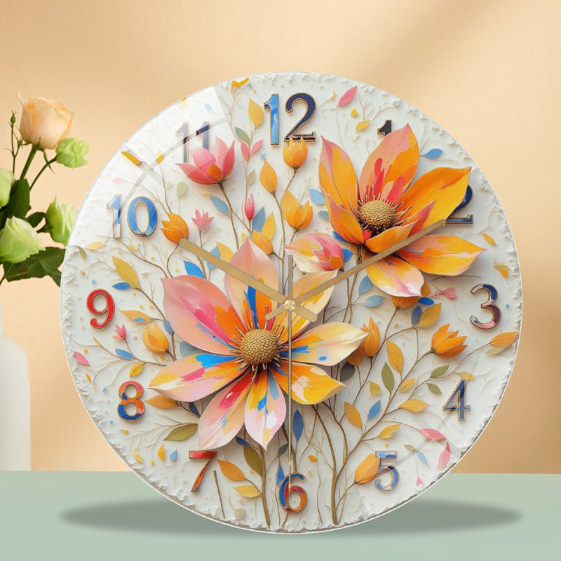 Horloge murale florale avec décoration florale 2D - Horloge murale moderne en verre 12 po