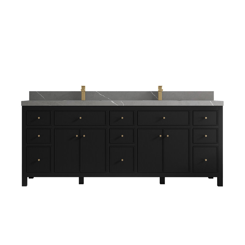84'' Double Bathroom Vanity with Top, Black, Piatra Quartz Gray