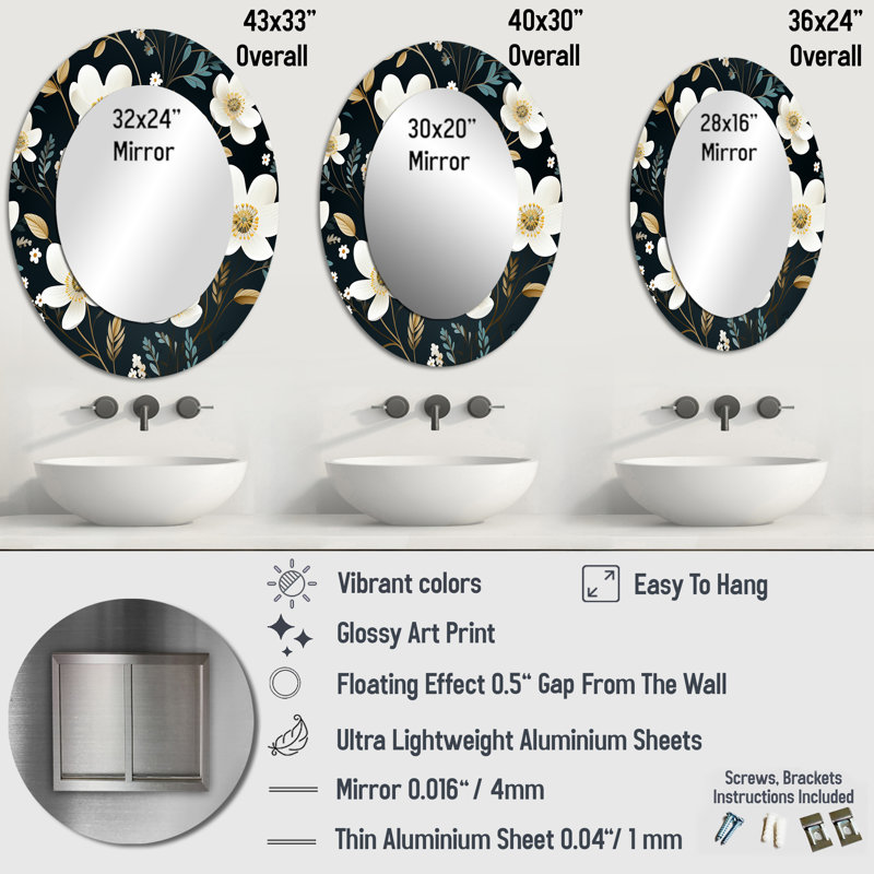 «Senneca Mystic» blanc et bleu sarcelle Splendor Gardens - décor de miroir mural unique floral, H 40 po x l 30 po, Ovale
