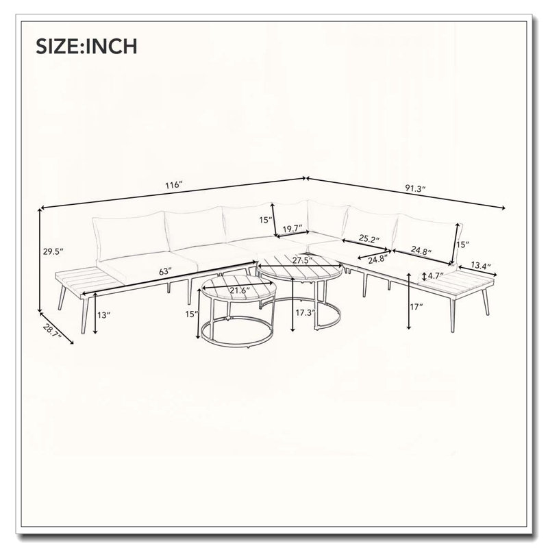 6-Piece Outdoor Sectional Sofa Set with Nesting Coffee Tables (Gray), Beige