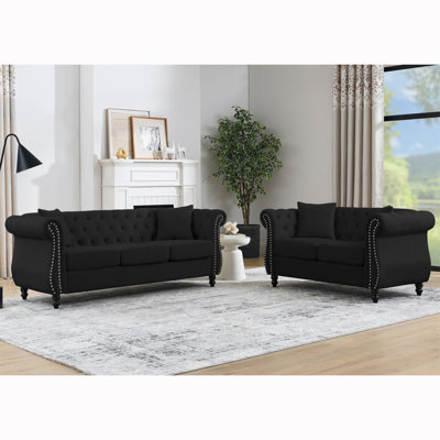 80"" Chesterfield Sofa Black Velvet For Living Room, 3 Seater Sofa Tufted Couch With Rolled Arms And Nailhead For Living Room, Bedroom, Office, Apartme -  Rosdorf Park, 72357D057D96434AA942E7202B2ED18D