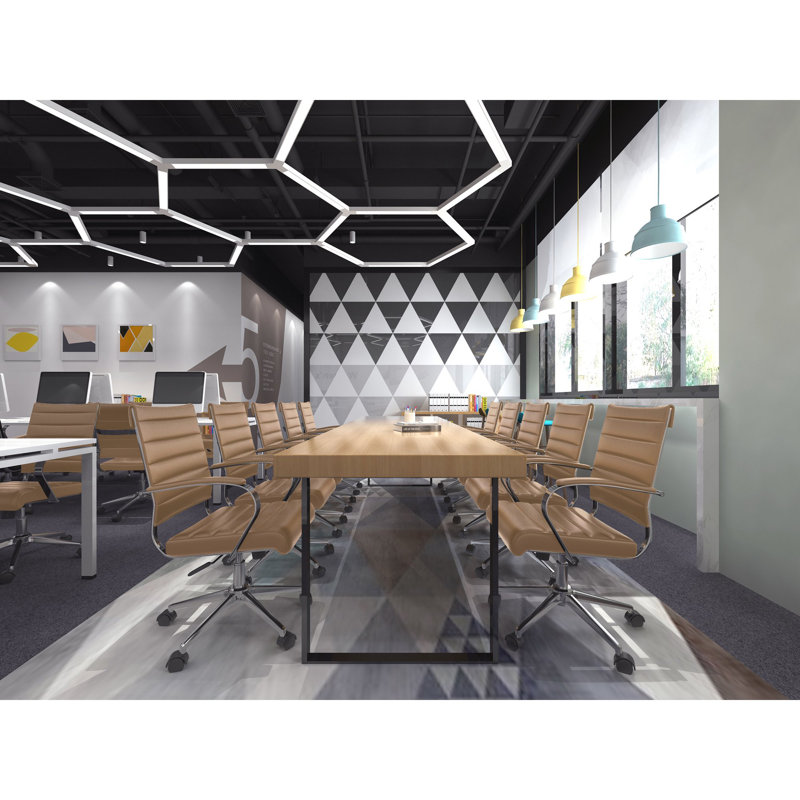 Eichorn Mid-Back Ribbed Ergonomic Conference Chair – Faux Leather Upholstered with Chrome Base and Armrests, Chrome, Beige