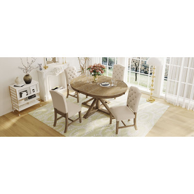 Dining Table Set with Extendable Table and 4 Upholstered Chairs