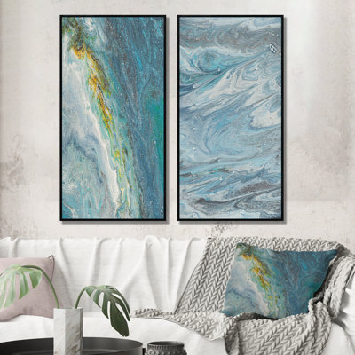 «Light Blue and Gold Abstract Landscape», ensemble de 2 peintures sur toiles