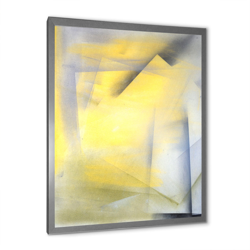 «Grey and Yeollow Abstract Merging» - Décoration murale moderne et contemporaine en toile, Cadre photo argenté