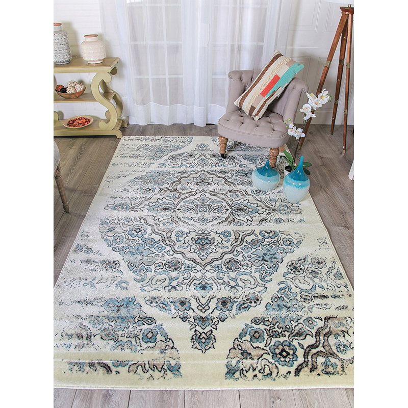 Tapis bleu / ivoire tissé à la machine, Rectangle 5 pi x 8 pi