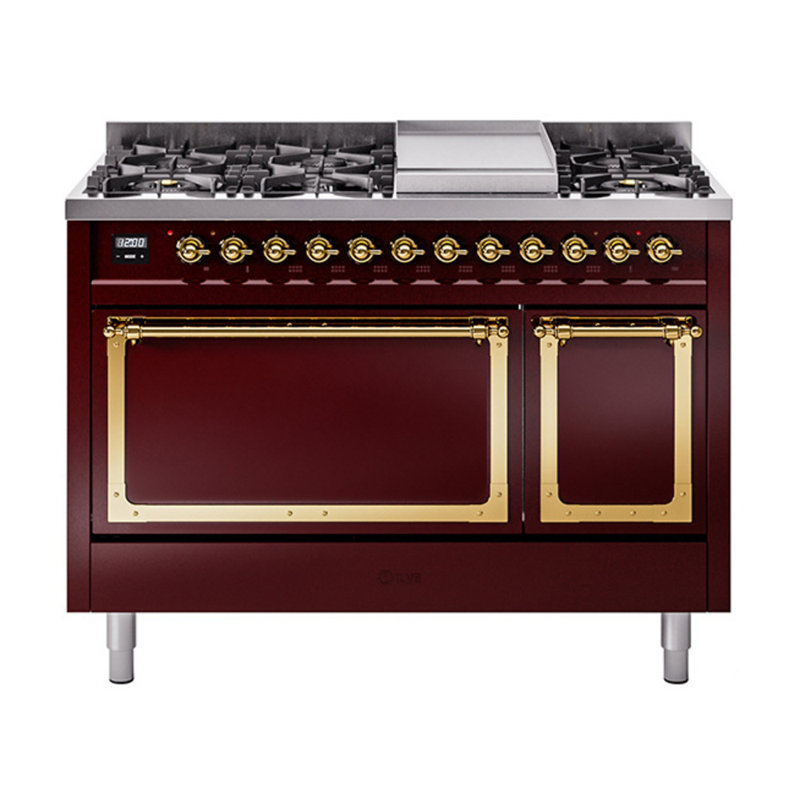 ILVE Nostalgie II Noblesse 48 in Dual Fuel Range, 8 Burner, Griddle, Liquid Propane, Burgundy/Brass