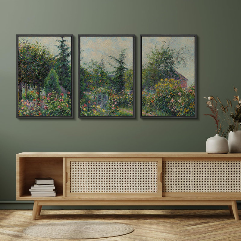 " Garden Bloom Lush Floral Landscape Vibrant Flower Illustration Modern Decor Relax Calm Chic " 3 - Pieces, Noir