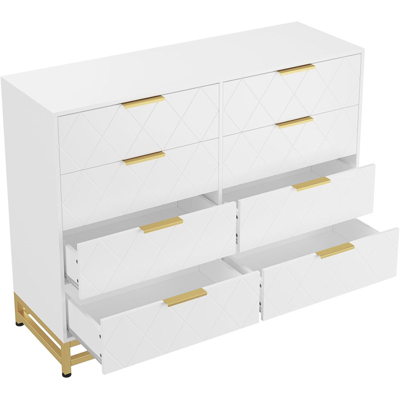 Commode double 8 tiroirs pour chambre à coucher, commode en bois, commode en bois moderne avec poignées dorées, table d'appoint, blanc