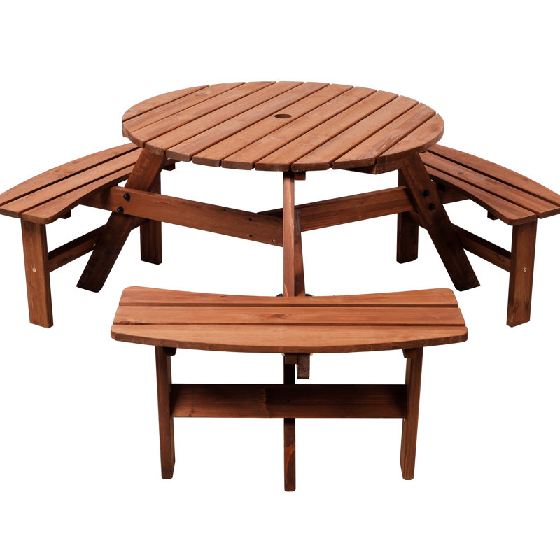 Table de camping pour 6 personnes, 3 bancs de pique-nique ronds en bois, trou de parasol, plateau de table de 35 pouces, table craquelée, bords arrondis lisses, brun, robuste, 40,78 lb
