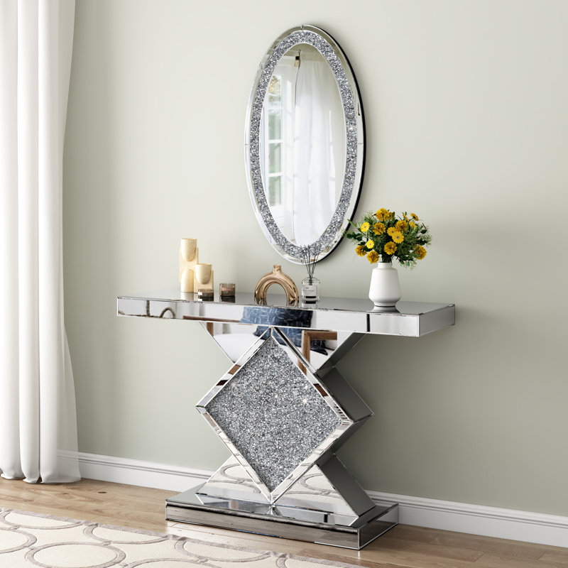 Amla 47.25" Mirrored Console Table and Wall Mirror Set Crushed Diamond Home Decor 