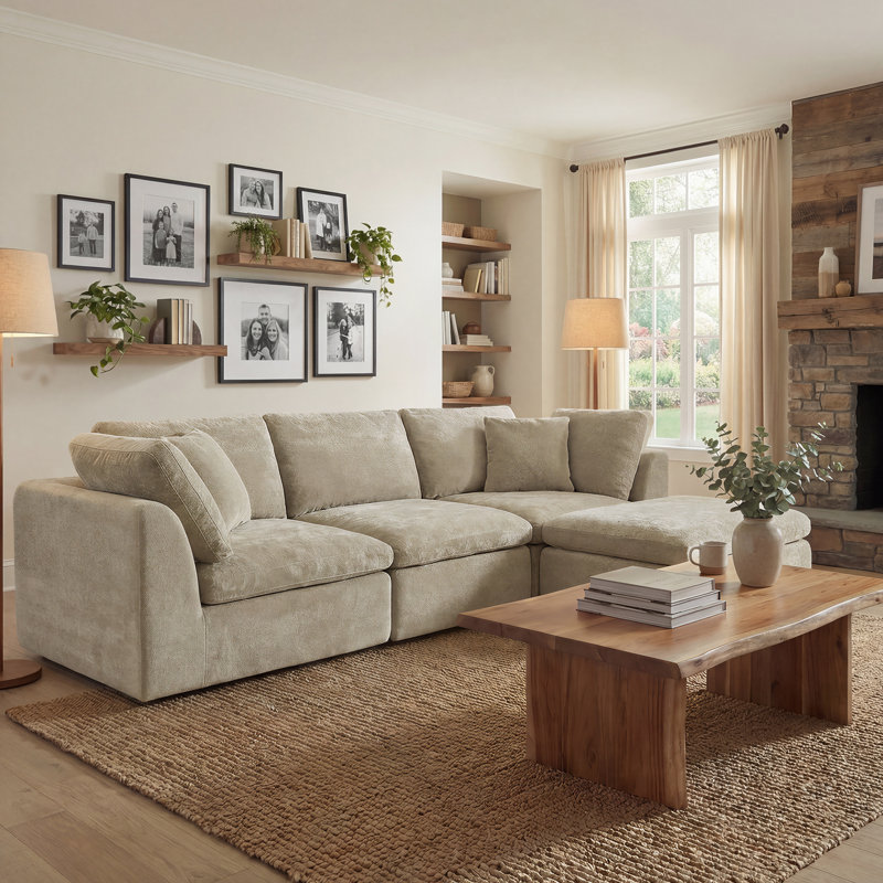 108" 4-Piece Modular Sectional Sofa With Chenille Fabric, Frameless Design & Cloud-Like Comfor, Brownish Gray Polyester