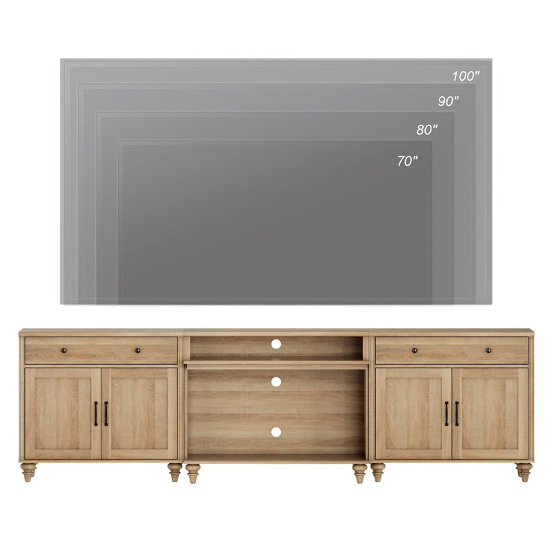 Meuble télé pour téléviseur de 100 po ou moins Farmhouse, avec 8 espaces de rangement pour téléviseur 75/80/85/90 po, chêne