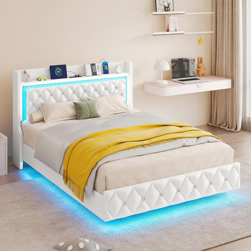 Cadre de lit flottant pour lit simple avec lumière DEL, lit plateforme en cuir de polyuréthane rembourré avec station de charge et oreilles, tête et pied de lit capitonnés avec rangement Diamond, aucun sommier nécessaire