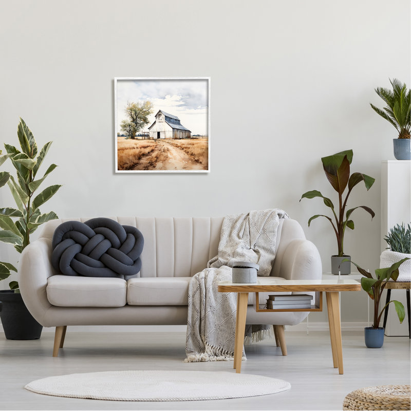 «Farmhouse Barn Landscape» par Ray Powers, H 24 po x l 24 po x P 1,5 po, Giclée encadrée blanc bord de mer