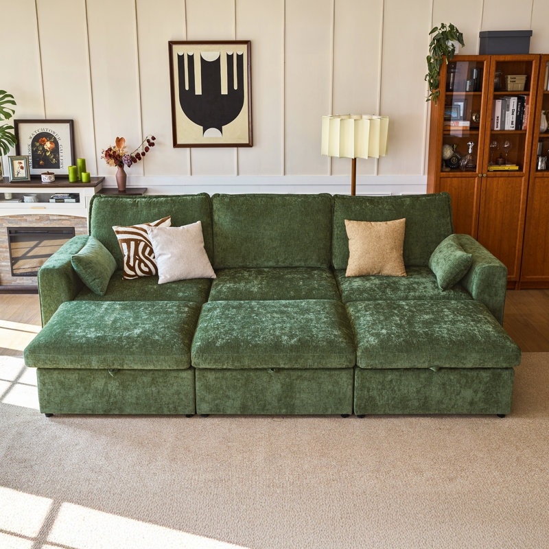 6-seater  Oversized Modular Sofa Chenille Comfy Cloud Couch With Storage, Deep Convertible Sectional Sleeper Sofa Bed With 3 Ottomans