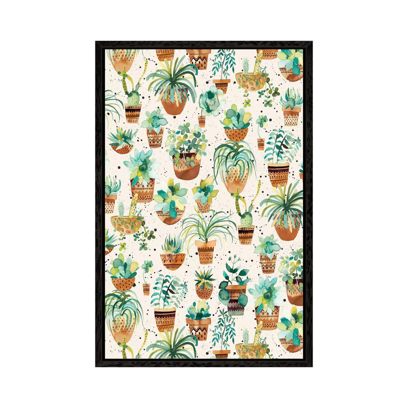 Home Succulent Plant Pots Cream 1 Piece Painting on Canvas, 101.6cm H x 66.04cm W x 3.81cm D, Black Framed