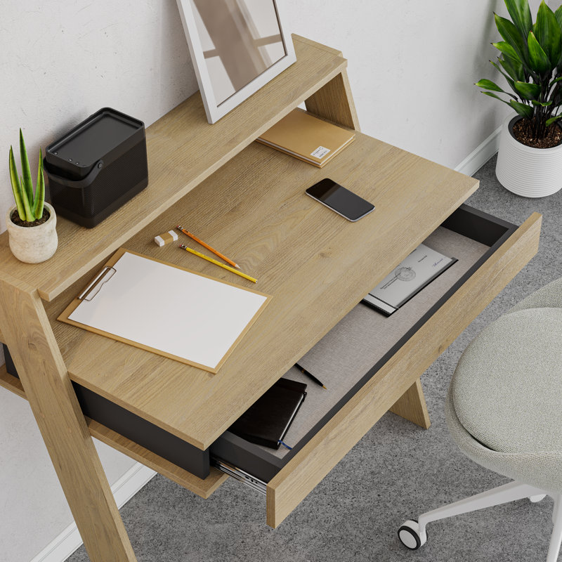Cowork Modern Floating Desk Wall Mounted With Drawer 94cm Wide, Oak/Anthracite