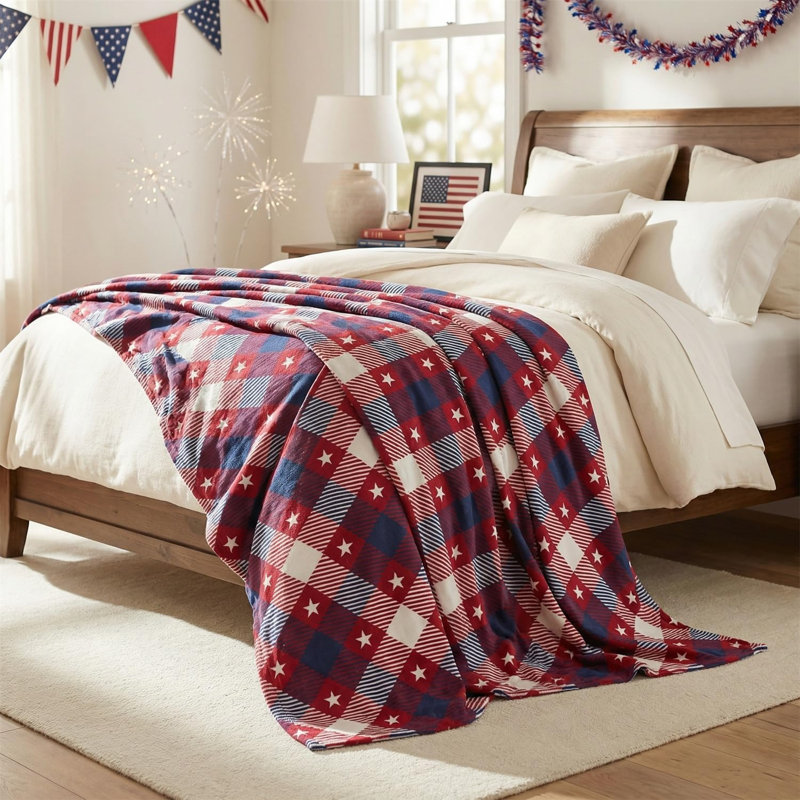 Jeté de flanelle du 4 juillet, étoiles Buffalo à carreaux rouges, jour de l'Independence, jour du Souvenir, douces couvertures en molleton douillet et moelleux pour la décoration du canapé-lit, cadeaux idéaux pour les enfants adultes 60 x 80